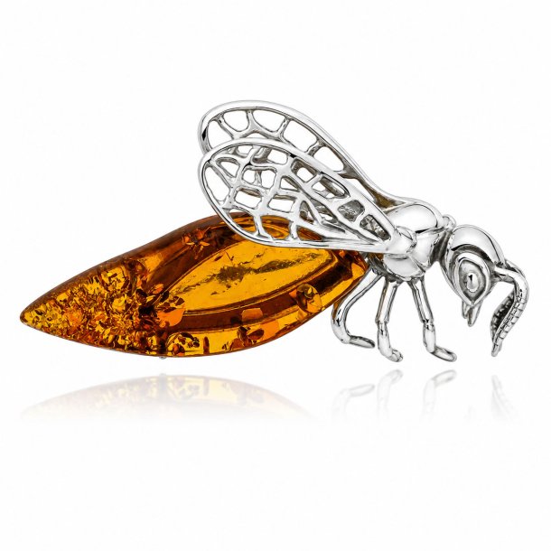 H�ndlavet Bi Broche i Sterling S�lv med �gte Dansk Rav � Naturinspireret Design