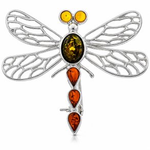 H�ndlavet Guldsmed Broche i 925 Sterling S�lv med �gte Dansk Rav � Unikt Naturinspireret Smykke