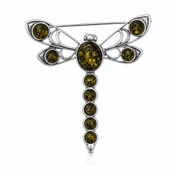 H�ndlavet Guldsmed Broche i 925 Sterling S�lv med �gte Gr�n Dansk Rav � Elegant Naturdesign