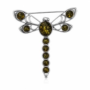 H�ndlavet Guldsmed Broche i 925 Sterling S�lv med �gte Gr�n Dansk Rav � Elegant Naturdesign