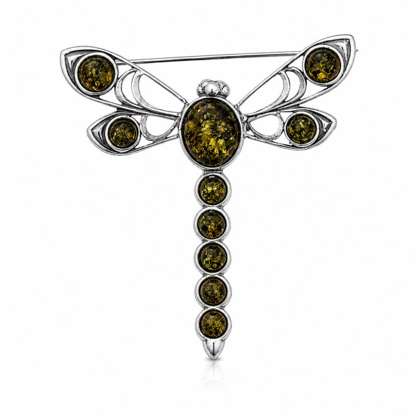 H�ndlavet Guldsmed Broche i 925 Sterling S�lv med �gte Gr�n Dansk Rav � Elegant Naturdesign