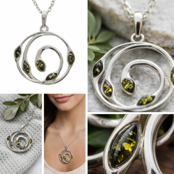 Handgefertigter botanischer gr�ner Bernstein und Anh�nger aus 925er Sterlingsilber