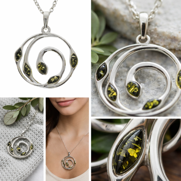 Handgefertigter botanischer gr�ner Bernstein und Anh�nger aus 925er Sterlingsilber