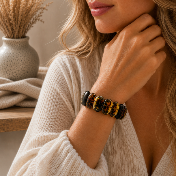 Exklusives Dunkles Bernstein Armband � Gro�e Echte Bernsteine mit Goldenem Farbspiel