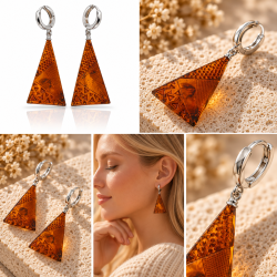 Handgefertigte &amp; Handgeschnitzte Dreieckige Bernstein Ohrringe mit 925 Sterling Silber