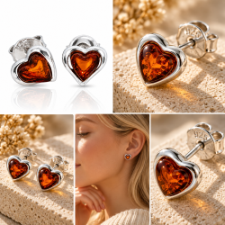 Romantische Herz-Ohrstecker mit echtem cognacfarbenem Bernstein, elegant eingefasst in gl�nzendes 925 Sterling Silber.