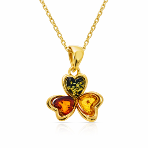 Dreifache Herzen � Bernsteinblumen-Anh�nger aus echtem Bernstein und vergoldetem Silber