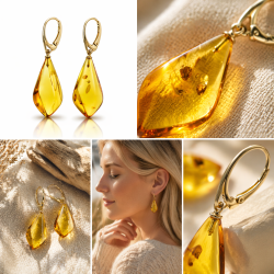 Eckige und einzigartige Bernstein-Ohrringe aus vergoldetem Silber