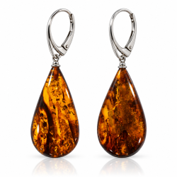 Lange Dr�be �reringe i �gte Cognac Rav og 925 Sterling S�lv