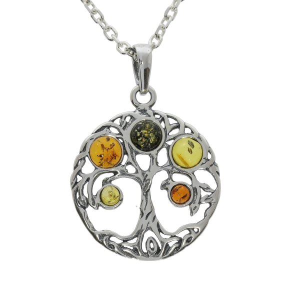 Keltisk Livets Tr� Vedh�ng i Sterling S�lv med Flerfarvet Baltisk Rav � Et Symbol p� Naturens Kraft - Den lille Ravbutik