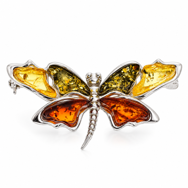 Elegant Guldsmed - Sommerfugl Broche med �gte Rav � Gr�n, Gylden &amp; Cognac Rav