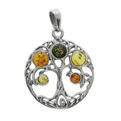 Keltisk Livets Tr� Vedh�ng i Sterling S�lv med Flerfarvet Baltisk Rav � Et Symbol p� Naturens Kraft - Den lille Ravbutik