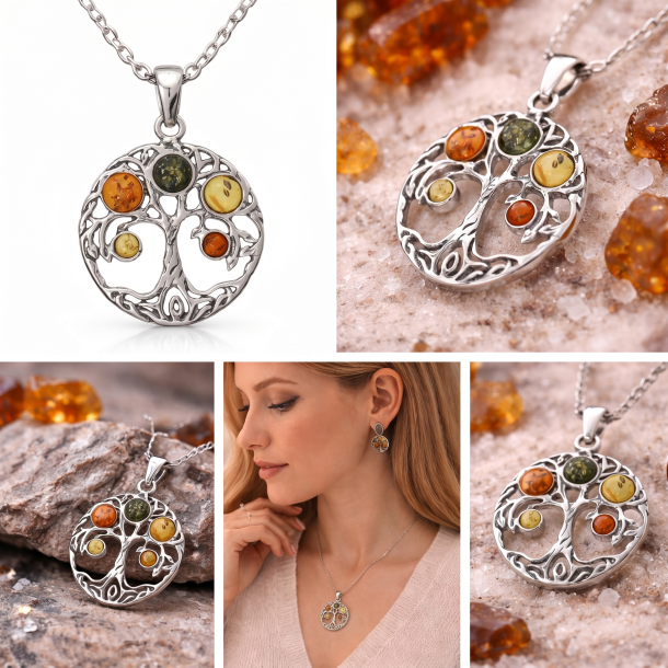 Keltisk Livets Tr� Vedh�ng i Sterling S�lv med Flerfarvet Baltisk Rav � Et Symbol p� Naturens Kraft - Den lille Ravbutik