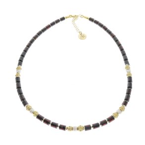 Hj kvalitets ravcylindre halskde med forgyldte slvelementer og gte perler