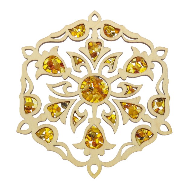 Schneeflocken-Mandala aus Bernstein und Holz