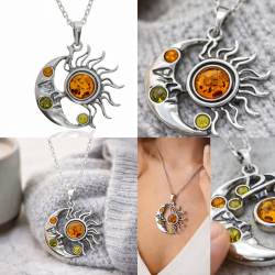 Der Mann im Mond &amp; Sonnenstrahl Anh�nger aus 925er Sterlingsilber mit mehrfarbigem Bernstein
