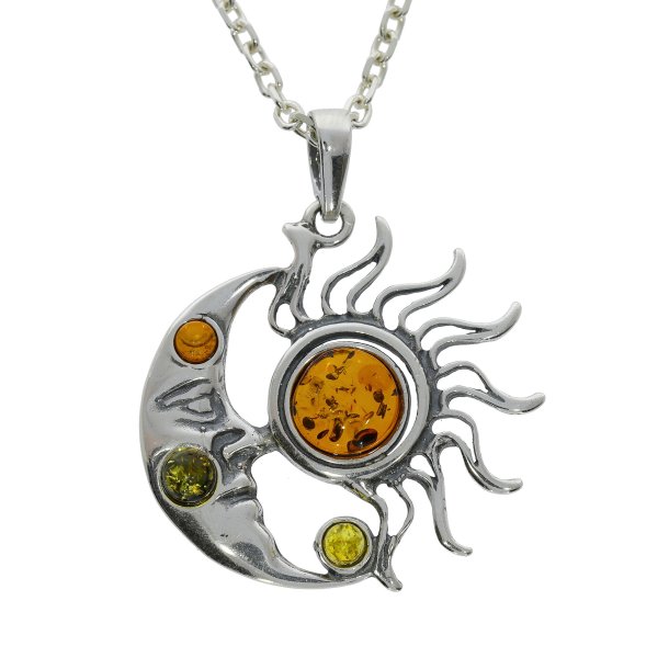 Manden i m�nen &amp; solstr�le vedh�ng i .925 sterlings�lv med flerfarvet rav