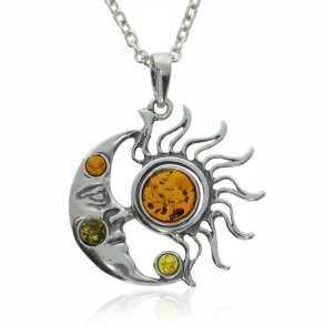 Der Mann im Mond & Sonnenstrahl Anh�nger aus 925er Sterlingsilber mit mehrfarbigem Bernstein