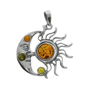 Manden i m�nen & solstr�le vedh�ng i .925 sterlings�lv med flerfarvet rav