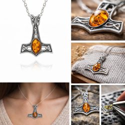 Sterlingsilber-Anh�nger �Thors Hammer� mit Cognac-Bernstein � handgefertigter Mj�lnir-Anh�nger mit oxidierten keltischen Knoten � Schmuckst�ck mit dem Symbol der Wikinger-St�rke