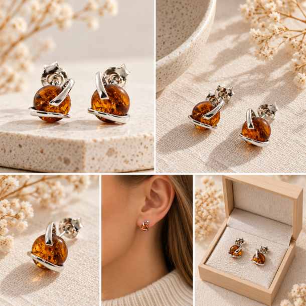 Moderne Rav �restikker i �gte Cognac Rav og S�lv