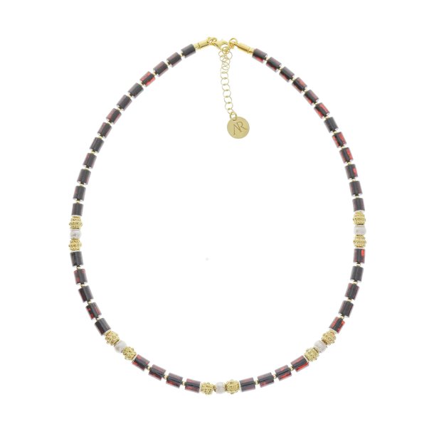 Hj kvalitets ravcylindre halskde med forgyldte slvelementer og gte perler