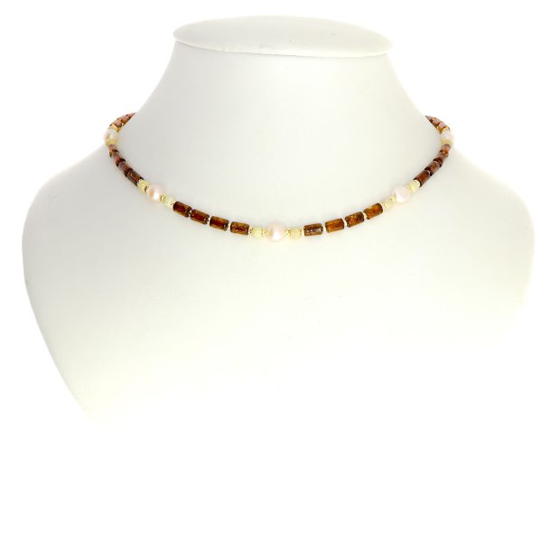 Hj kvalitets ravcylindre halskde med forgyldte slvelementer og gte perler