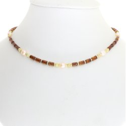 Hochwertiges Bernstein-Zylindercollier mit vergoldeten Silberelementen und echten Perlen