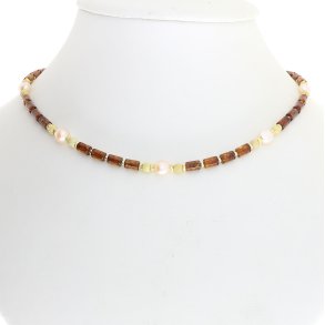 Hochwertiges Bernstein-Zylindercollier mit vergoldeten Silberelementen und echten Perlen