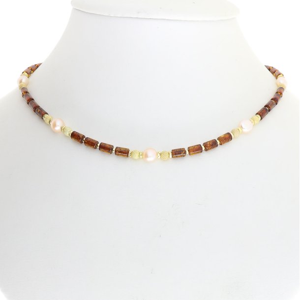 Hochwertiges Bernstein-Zylindercollier mit vergoldeten Silberelementen und echten Perlen