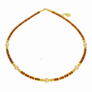 Hj kvalitets ravcylindre halskde med forgyldte slvelementer og gte perler