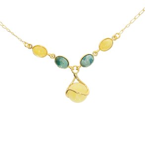 Smuk forgyldt halskde i mlke rav og Turkis-sten 