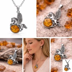 Pegasus Fl�gelpferd Anh�nger aus 925er Sterlingsilber mit Nordsee Bernstein