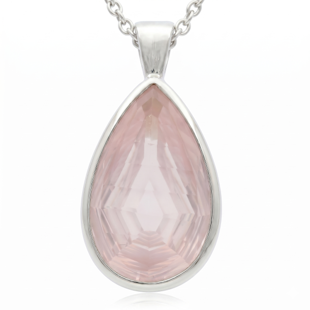 Elegant Dr�beformet Rosa Krystal Vedh�ng i Sterling S�lv � Eksklusiv Halsk�de