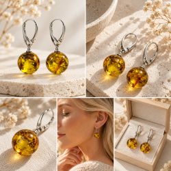 Runde gr�nne rav�reringe i �gte rav med naturlige m�rke strukturer og 925 sterling s�lv