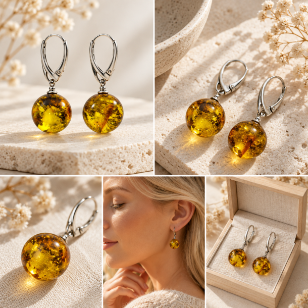 Runde gr�nne rav�reringe i �gte rav med naturlige m�rke strukturer og 925 sterling s�lv