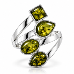 Eksklusiv S�lvring med 4 Gr�nne Ravstykker � Moderne Ravring med �gte Rav 