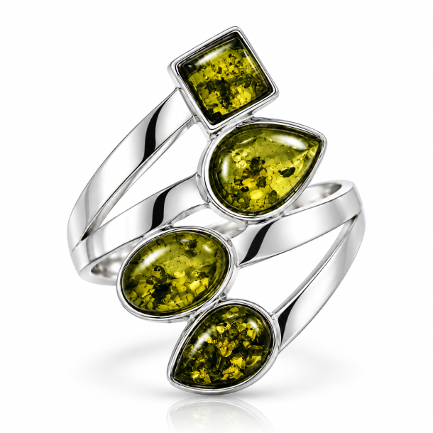 Eksklusiv S�lvring med 4 Gr�nne Ravstykker � Moderne Ravring med �gte Rav 