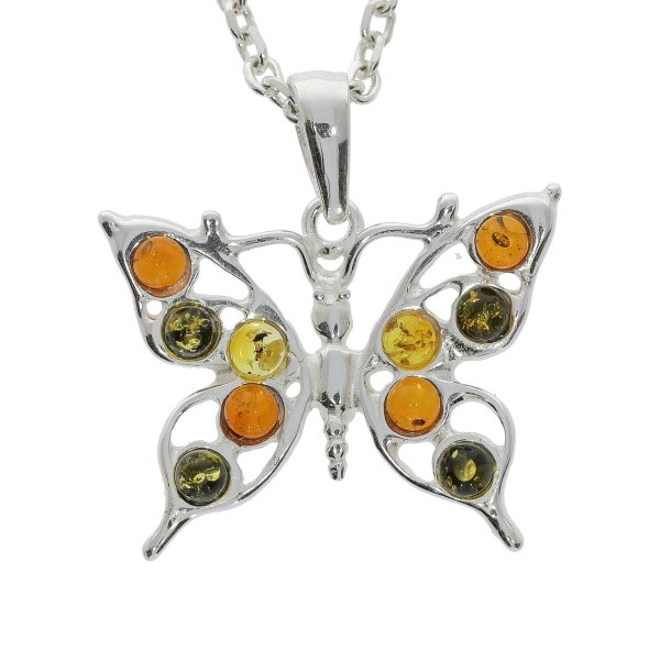 Sommerfugle Vedh�ng i Sterling S�lv med Flerfarvet Baltisk Rav I Elegance og Natur I Den lille Ravbutik