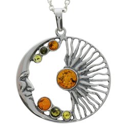 S�lv M�nen og solen vedh�ng - Flerfarvet �gte rav smykker - Celestial sterlings�lv m�ne ansigt charm med cognac, gr�n og citron rav