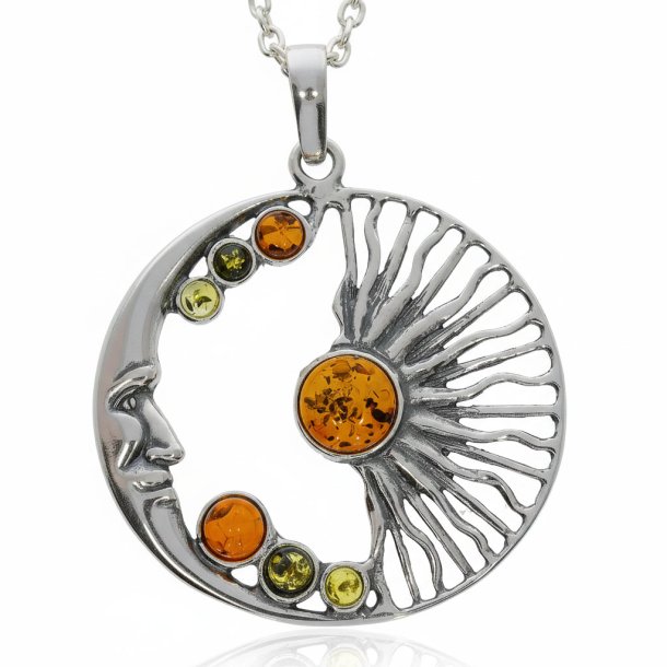 S�lv M�nen og solen vedh�ng - Flerfarvet �gte rav smykker - Celestial sterlings�lv m�ne ansigt charm med cognac, gr�n og citron rav