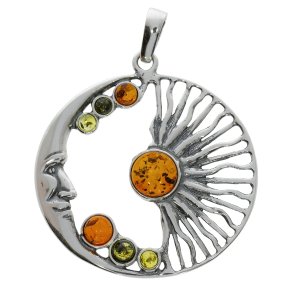 S�lv M�nen og solen vedh�ng - Flerfarvet �gte rav smykker - Celestial sterlings�lv m�ne ansigt charm med cognac, gr�n og citron rav