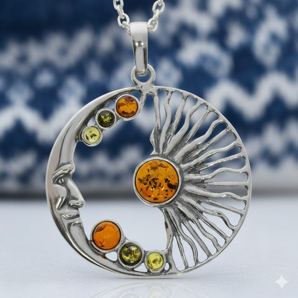 S�lv M�nen og solen vedh�ng - Flerfarvet �gte rav smykker - Celestial sterlings�lv m�ne ansigt charm med cognac, gr�n og citron rav