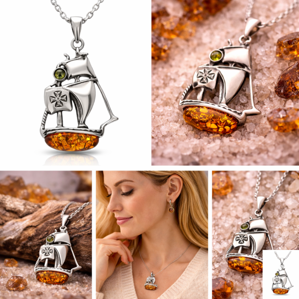 Handgefertigter Anh�nger aus baltischem Bernstein in Form eines Segelschiffs, aus 925er Sterlingsilber