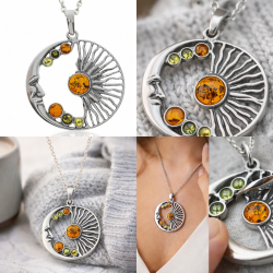 Silber Mond und Sonne Anh�nger � Mehrfarbiger echter Bernsteinschmuck � Celestial Sterlingsilber Mondgesicht-Anh�nger mit Cognac-, Gr�n- und Zitronenbernstein