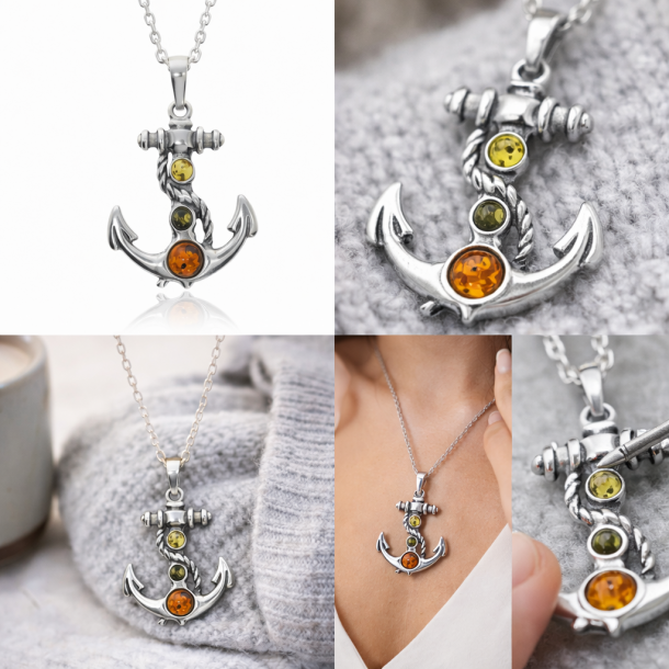 Sterling Silber Anker Anh�nger mit mehrfarbigem Baltischem Bernstein | Nautischer Schmuck f�r M�nner und Frauen | .925 Silber Seemanns-Amulett