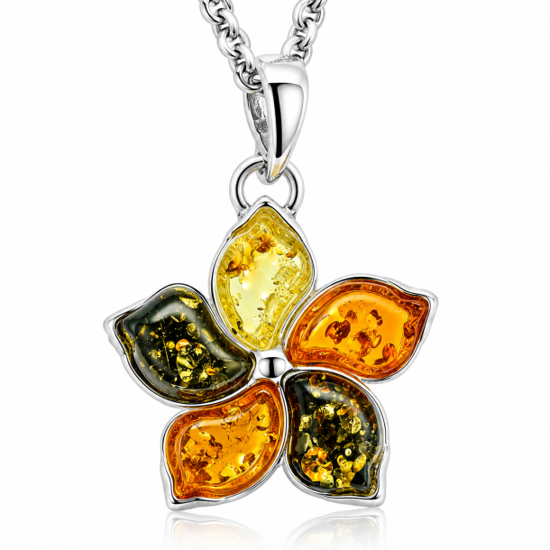 Blomst Vedh�ng I 925 Sterling S�lv Og Rav