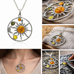 Sol og halvm�ne himmelsk vedh�ng | 925 sterlings�lv med flerfarvet rav