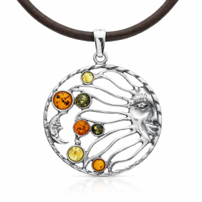 Himmlischer Sonne & Mond Anh�nger aus 925 Sterling Silber mit mehrfarbigem baltischem Bernstein