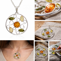 Mehrfarbiger Bernstein-Anh�nger in Form einer Sonne aus 925er Sterlingsilber | Rundes Filigran-Design im Stil des Lebensbaums | Cognac-, gr�n- und zitronenfarbener Bernsteinschmuck